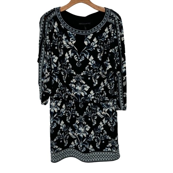 White House Black Market blue Floral Print Dress womens size large open sleeve - Picture 1 of 11